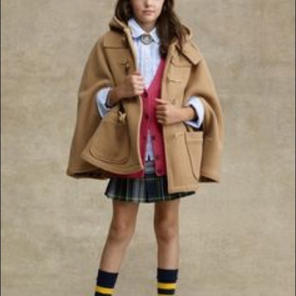 NWT Ralph Lauren Wool Blend Toggle Hooded Poncho Top Camel Color Girl Large - Picture 5 of 6